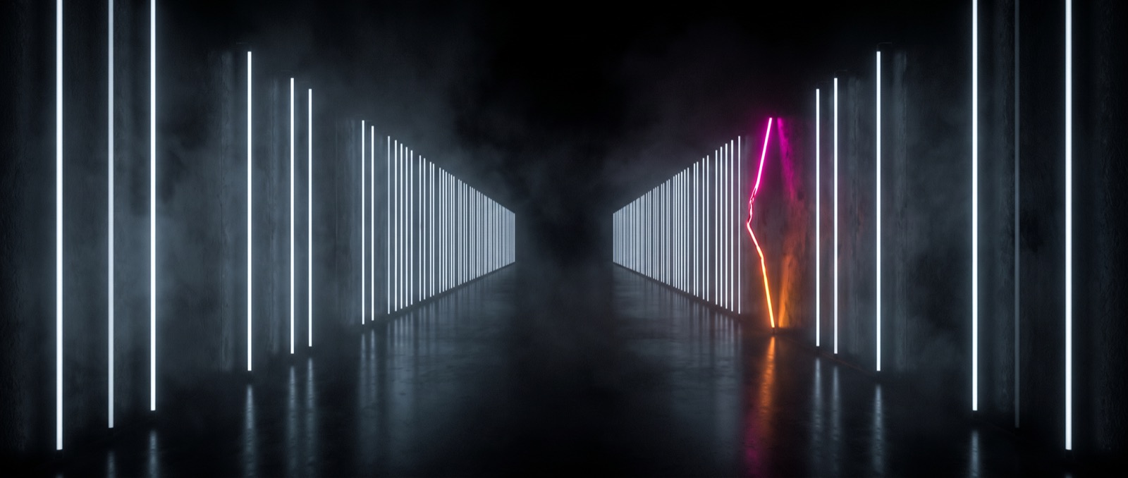 A corridor of uniform white light bars with one bent, off-color bar glowing pink