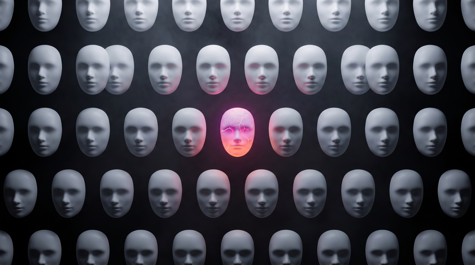 One cracked, glowing mask standing out in a wall of identical white masks