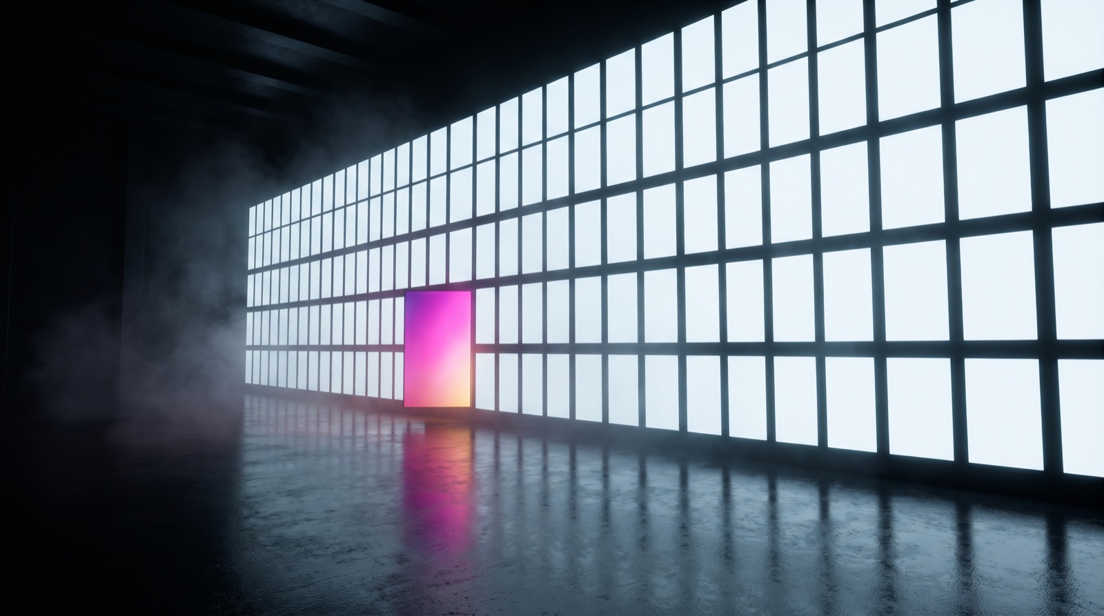 A wall of uniform lit panes with one glowing a different color